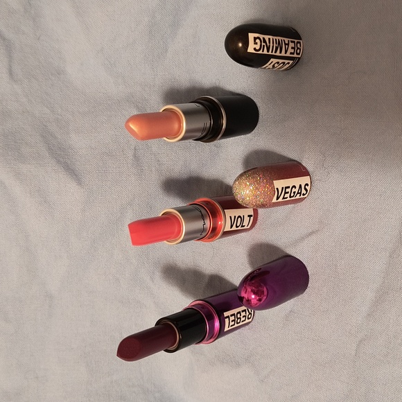 MAC New Mini Lipsticks Set of 3 for $30 NWT -  Rebel - Vegas Volt & Just Beaming - Picture 5 of 9